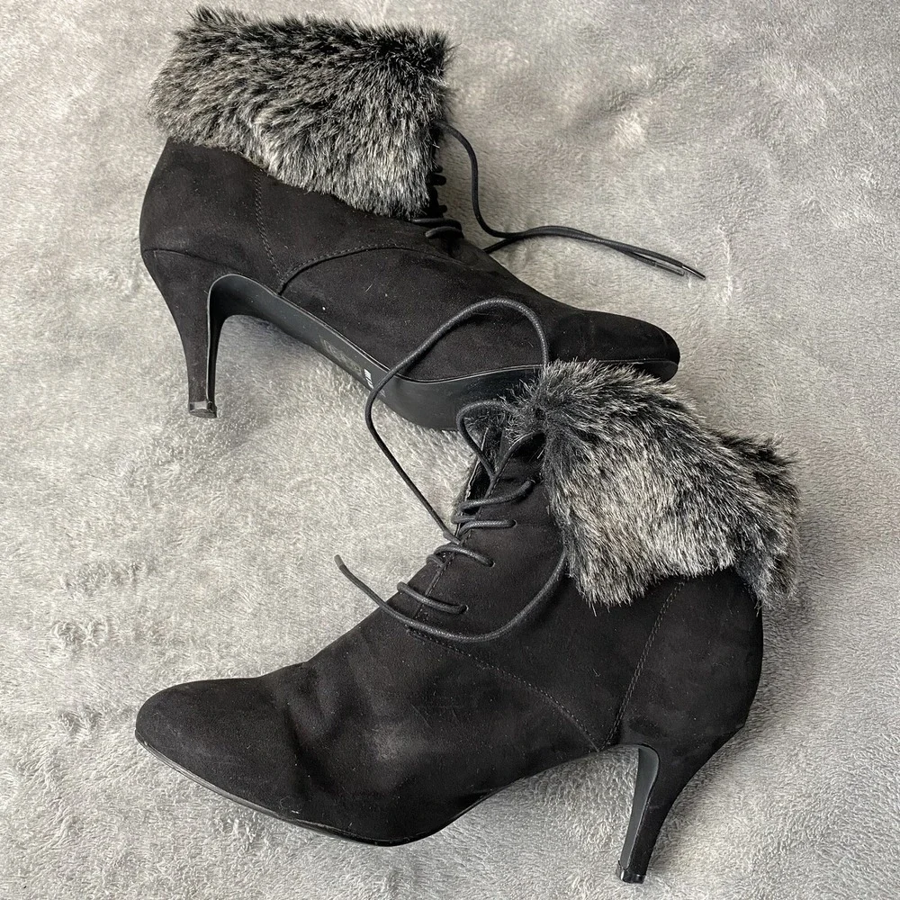 Ashro Boots Womens Size 8.5 Ankle Stiletto Black Suede‎ Fur Trimmed High Heel